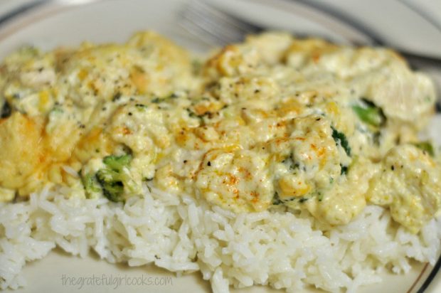 We enjoy this chicken and broccoli casserole served over white rice