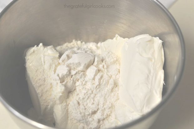 Cream cheese and flour in metal mixing bowl (filling for danish)