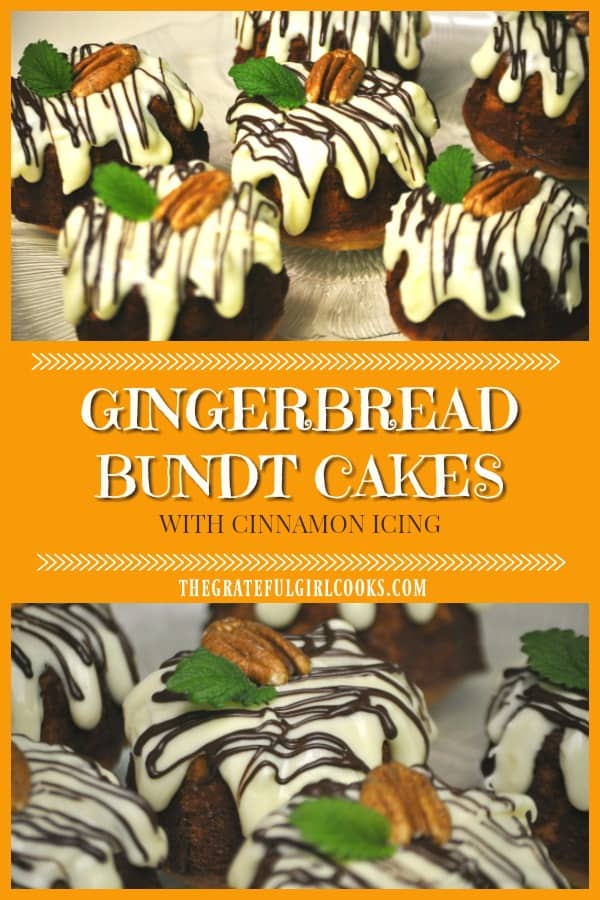 Miniature gingerbread bundt cakes with cinnamon icing are delicious, and make a wonderful gift to give friends and family during the holidays!