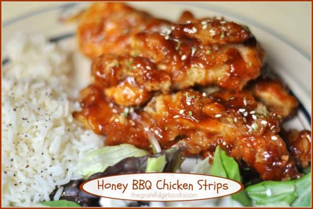 Fantastic tasting honey BBQ chicken strips are marinated, seasoned & browned chicken breast tenders, covered with a sweet/sticky honey BBQ sauce and baked.