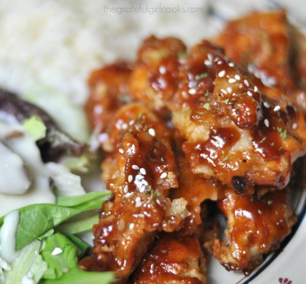 Close up photo of honey BBQ chicken strips.