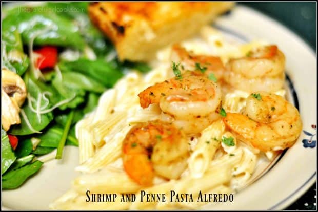 Shrimp Penne Pasta Alfredo features lightly seasoned, pan-seared shrimp served on a bed of pasta in a creamy Parmesan alfredo sauce. Easy and delicious!