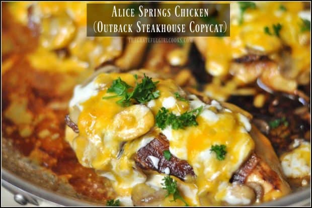 Alice Springs Chicken is pan-seared chicken with bacon, mushrooms, and melted cheeses, in a honey-mustard sauce. This copycat restaurant recipe is delicious!