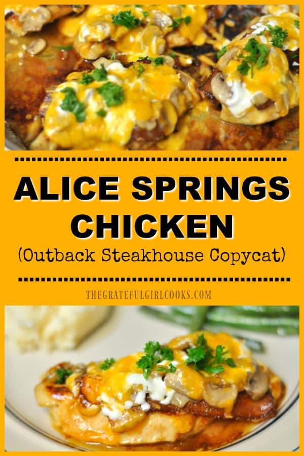 Alice Springs Chicken is pan-seared chicken with bacon, mushrooms, and melted cheeses, in a honey-mustard sauce. This copycat restaurant recipe is delicious!