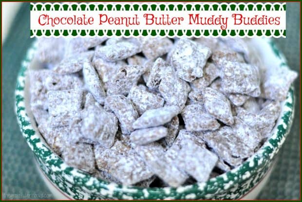 Chocolate Peanut Butter Muddy Buddies are powdered sugar dusted chocolate peanut butter crispy treats you will love! They're yummy snacks or holiday gifts!