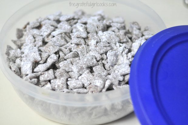 Chocolate Peanut Butter Muddy Buddies should be stored in airtight container.