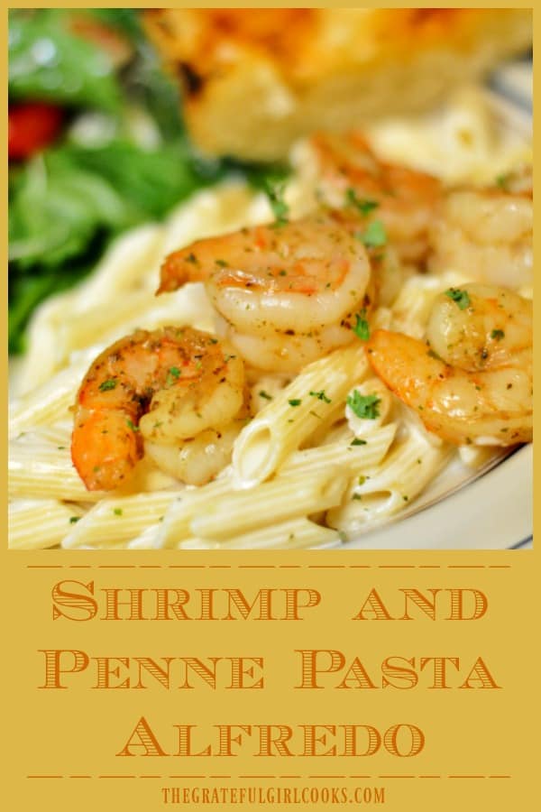 Shrimp Penne Pasta Alfredo features lightly seasoned, pan-seared shrimp served on a bed of pasta in a creamy Parmesan alfredo sauce. Easy and delicious!