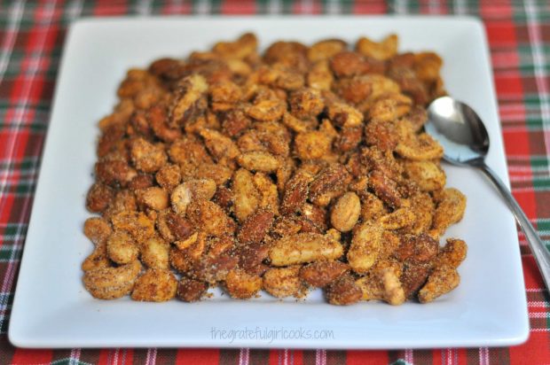 Tex-Mex Party Nuts served as an appetizer snack, on a white plate.