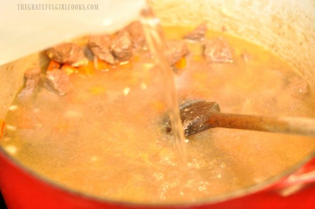 Water being added to soup pot with meat