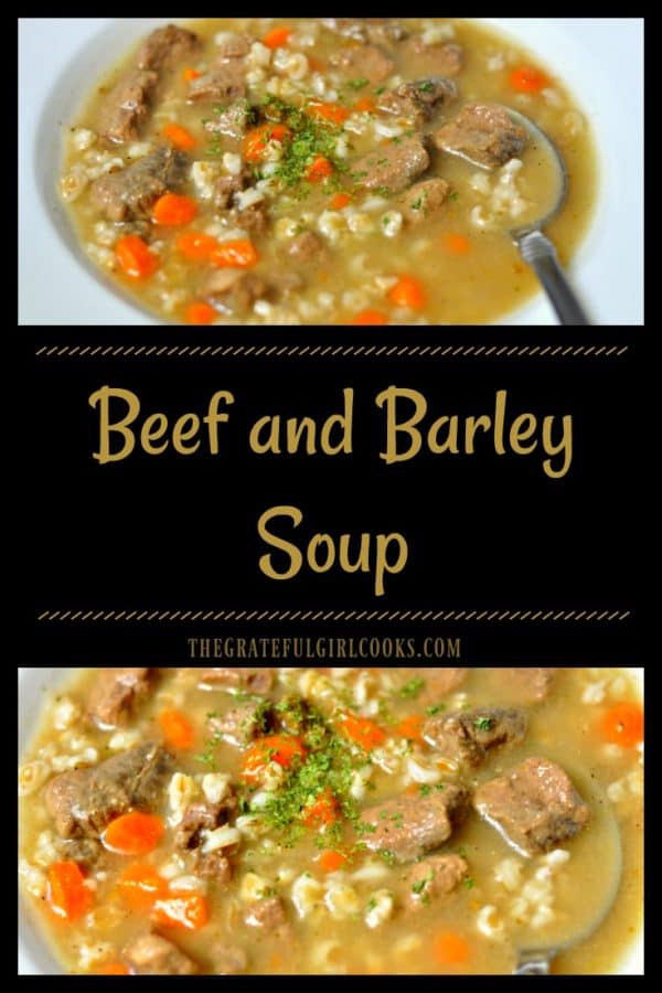 You will love this simple, yet hearty Beef and Barley Soup, with tender beef chunks, barley, carrots, celery and onions! It will hit the spot on a cold day!