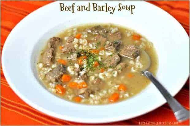You will love this simple, yet hearty Beef and Barley Soup, with tender beef chunks, barley, carrots, celery and onions! It will hit the spot on a cold day!