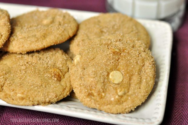 Close up of butterscotch cookies on white platter