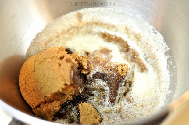 Melted butter, brown sugar in metal mixing bowl