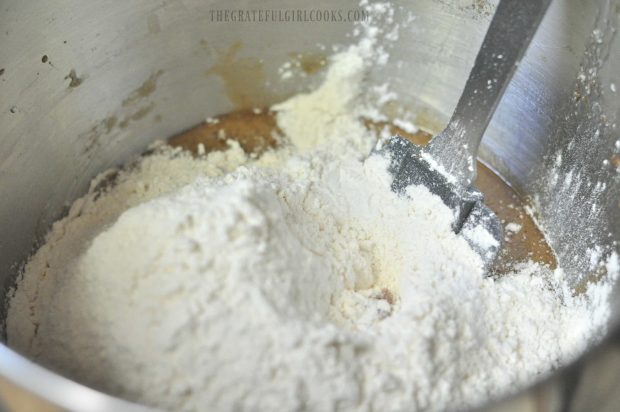 Flour, salt, etc. for cookie dough added to mixing bowl