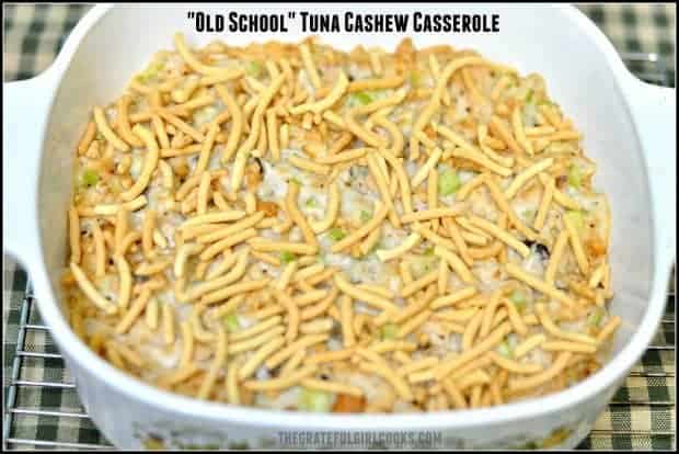 "Old School" Tuna Cashew Casserole is a simple dish w/ cashews, chow mein noodles, tuna & celery- a recipe from a high school cooking class!