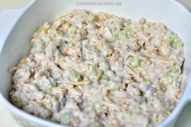 Tuna Cashew Casserole ready to cook in baking dish.