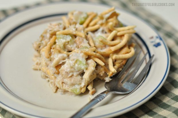 One serving of "Old School" Tuna Cashew Casserole on plate with a fork.