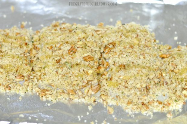 Crumb topping is covering the halibut fillets before baking.