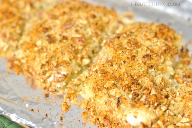 The pecan crusted halibut fillets are nicely browned after baking.