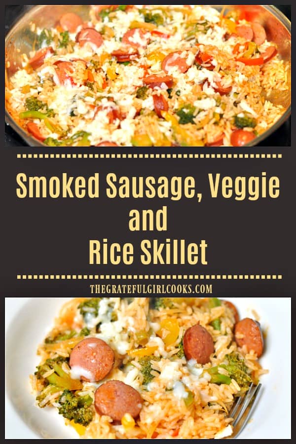 Smoked Sausage Veggie Rice Skillet, is a delicious meal with beef kielbasa, veggies and rice is made in under 30 minutes in one pan, for easy cleanup!