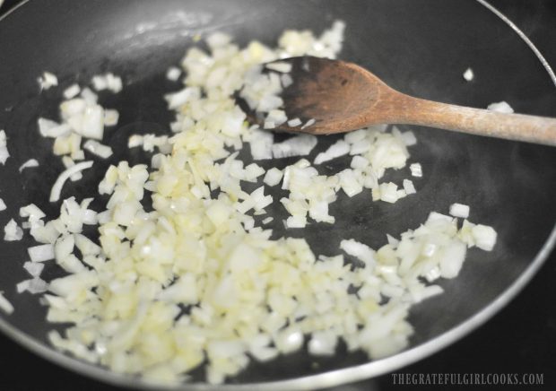 Onion and garlic are cooked to add to sauce for the ranch style beans.
