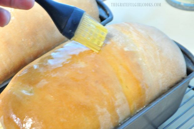 Brushing melted butter on top of homemade white bread loaf.