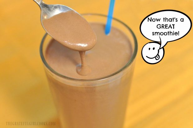 A spoonful of chocolate peanut butter smoothie shows how thick it is!