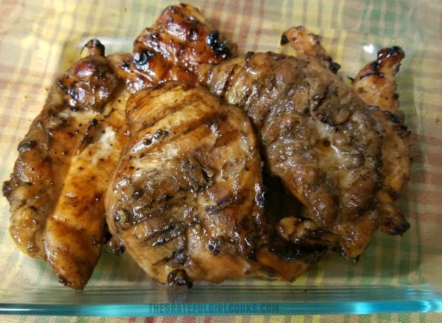 Teriyaki Chicken with Homemade Sauce is served in a clear glass container.