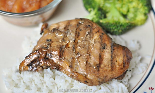 A piece of teriyaki chicken with homemade sauce is served with rice and broccoli.