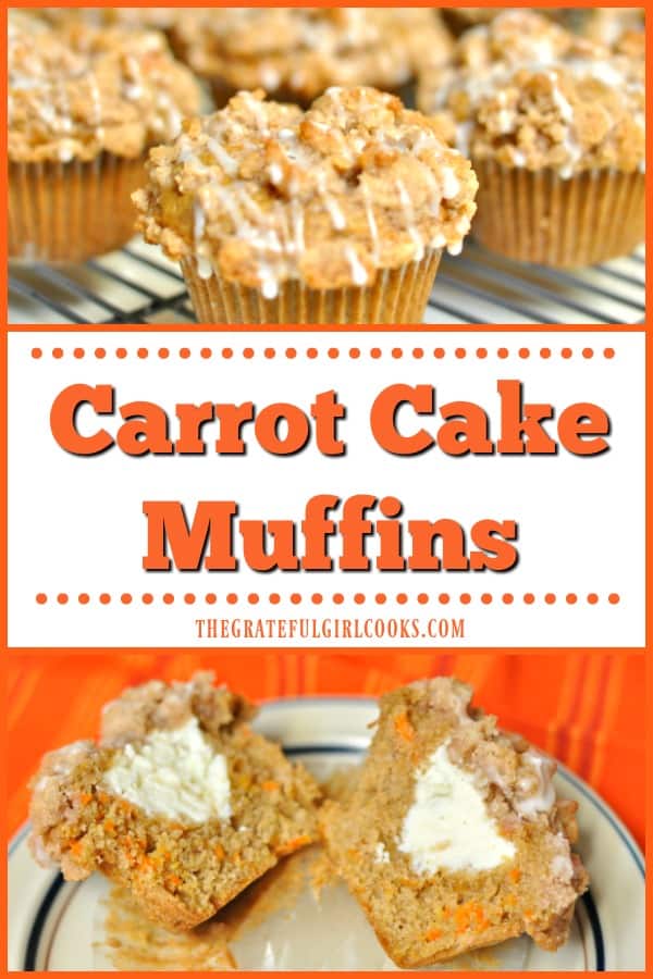 You'll love these delicious, made from scratch carrot cake muffins with a buttery streusel crumb topping, and a surprise cream cheese filling inside!