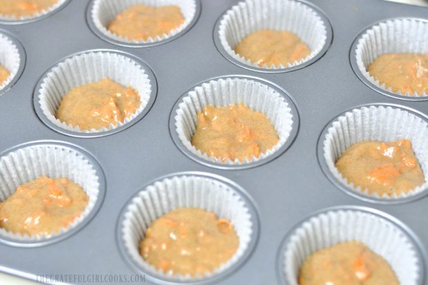 Carrot cake batter added to muffin tin