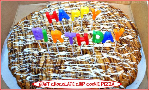 Make a delicious, GIANT chocolate chip cookie pizza as a sweet, unique gift for a birthday or other occasion! Recipe serves 12!