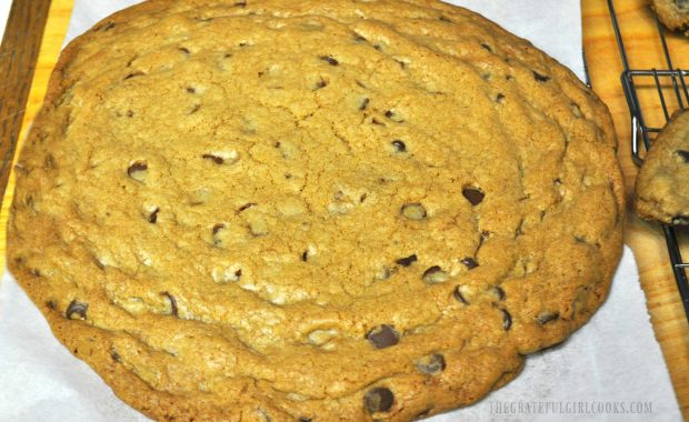 Giant cookie pizza, out of oven, and ready to be decorated!