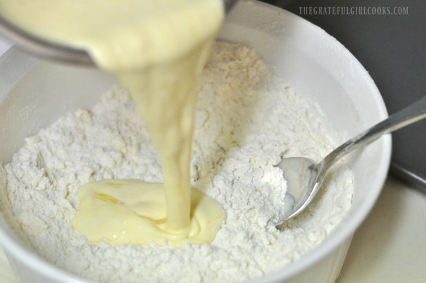 Egg and whipping cream are added to scone dough ingredients