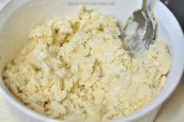 Scone dough is fully mixed together in a bowl.