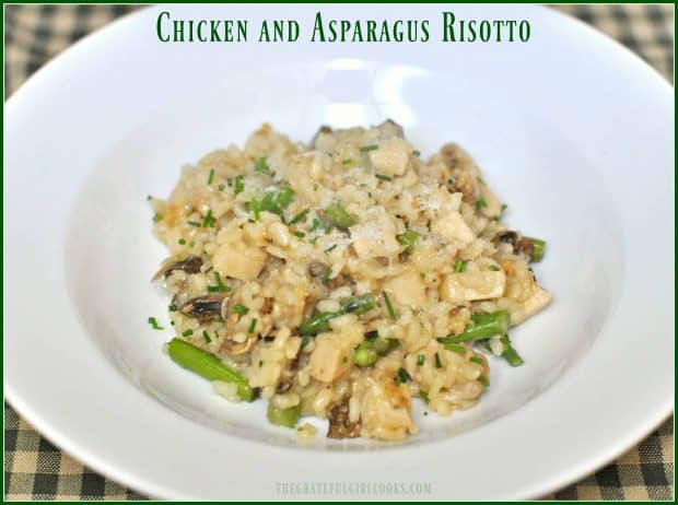 Creamy chicken and asparagus risotto, with Arborio rice, Parmesan cheese and mushrooms is a delicious, filling, "all in one" Italian inspired dish!