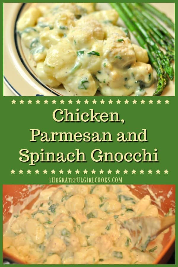 Chicken Parmesan Spinach Gnocchi is an easy to make, 30 minute Italian entree with chicken, fluffy potato dumplings, Parmesan cheese sauce and spinach! 