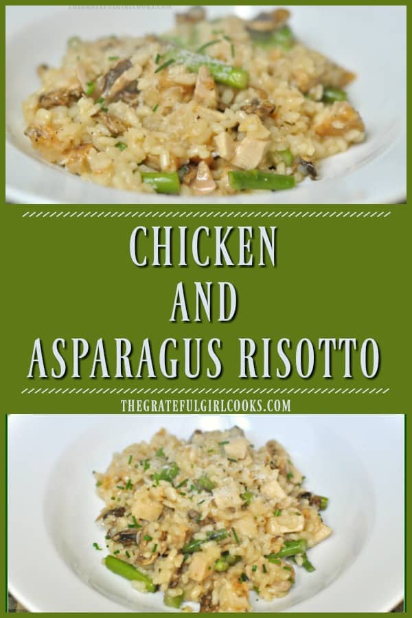 Creamy chicken asparagus risotto, with Arborio rice, Parmesan cheese and mushrooms is a delicious, filling, "all in one" Italian inspired dish!