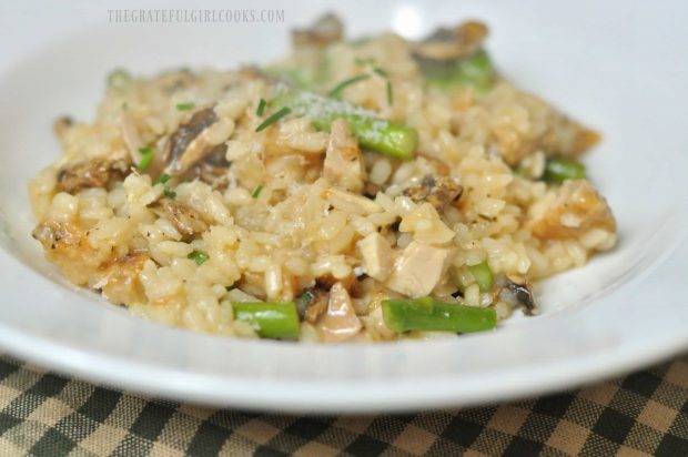 Chicken asparagus risotto is served in white bowl