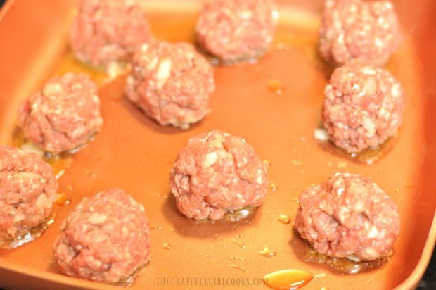 Browning easy meatballs in skillet.