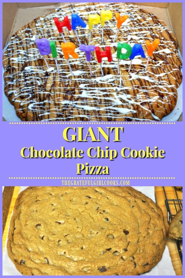 Make a delicious, GIANT chocolate chip cookie pizza as a sweet, unique gift for a birthday or other occasion! Recipe serves 12!