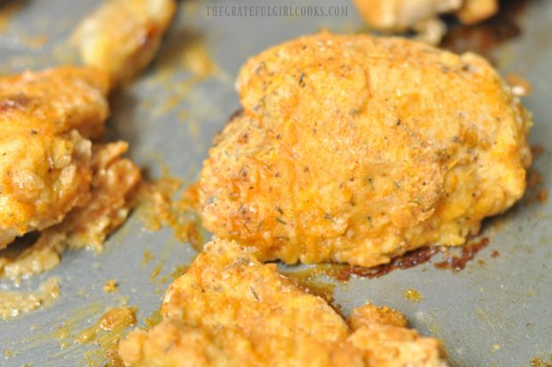 Shake and bake chicken turns a golden brown color while baking.