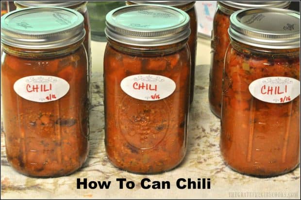 Learn how to can chili (meat and beans) using safe pressure canning guidelines. Recipe yields 8 qts. of old-fashioned chili, for long term storage.