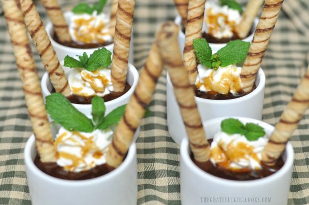 Garnished Irish Chocolate Pots de Crème are ready to serve and eat!