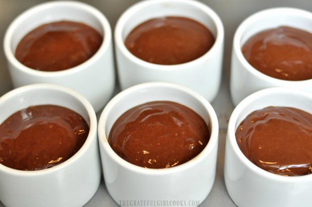 Irish Chocolate Pots de Crème are refrigerated for several hours before serving.