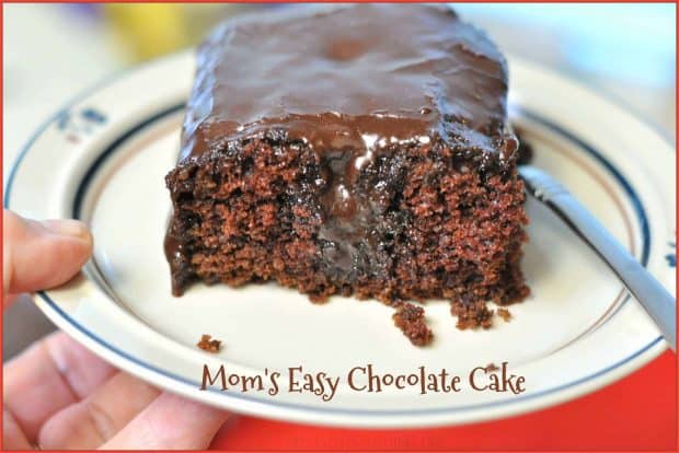 Mom's EASY Chocolate Cake, with chocolate frosting, is a delicious dessert for the whole family, and can be made from scratch in practically no time at all!