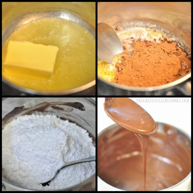 4 photos showing chocolate frosting for cake being made