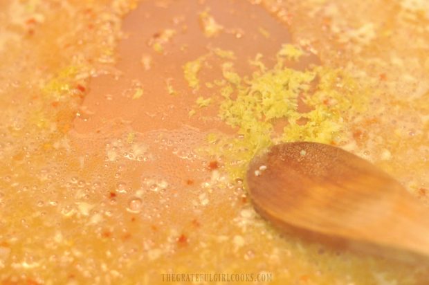 Lemon zest and juice are added to the sauce for the swordfish.