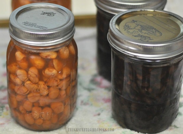 Pinto beans and black beans are canned and ready to store in pantry.