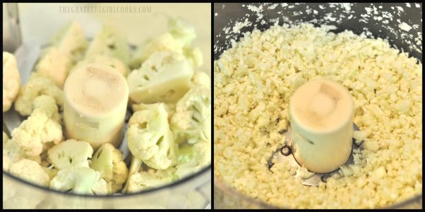 Cauliflower florets are processed in food processor until it resembles rice.